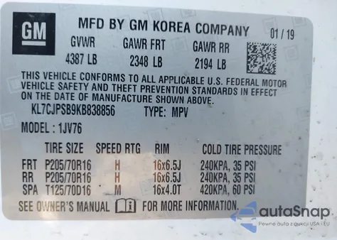 2019 Chevrolet Trax Lt from USA, damaged, VIN KL7CJPSB9KB838856